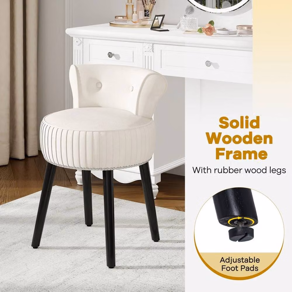 Ventryn Upholstered Tufted Low Back Vanity Stool with Rubberwood Legs in White – 3