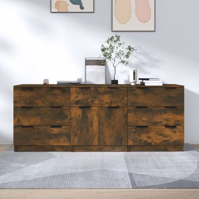 Berkfield Home 3 Piece Smoked Oak Sideboard Set in Brown