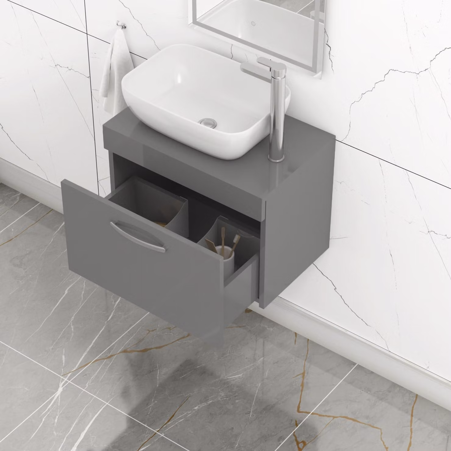 Royal Bathrooms Elva Wall Hung Vanity Unit with 1 Drawer and Countertop Basin in Indigo Grey Gloss
