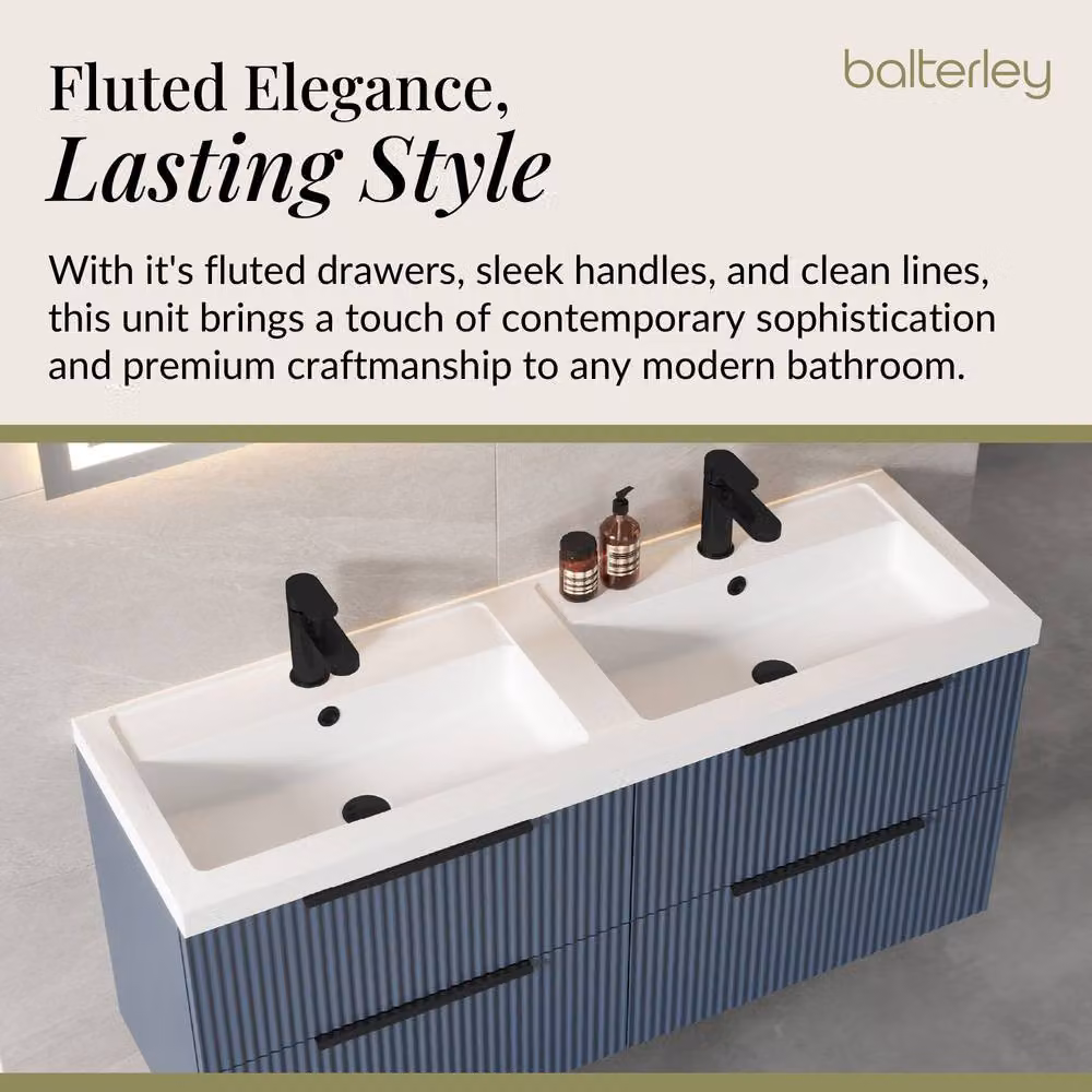 Balterley Fluted Front Wall Hung 4 Drawer Vanity Basin Unit, Satin Blue, W: 120 cm – 3
