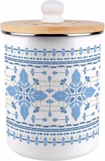 Purely Home Blue Folk Tile Metal Food Waste Caddy with Flip Lid, 2L