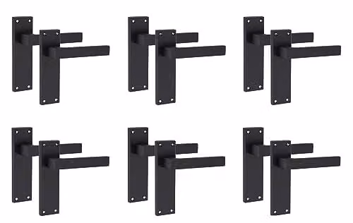 Golden Grace Straight Delta Latch Door Handles, 6 Pairs, Matt Black, 150mm