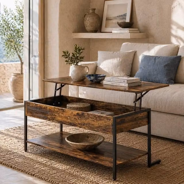 Wyld Haus Vitoli Rustic Brown Lift Top Coffee Table with Hidden Storage, W: 95.0 cm, D: 59.0 cm