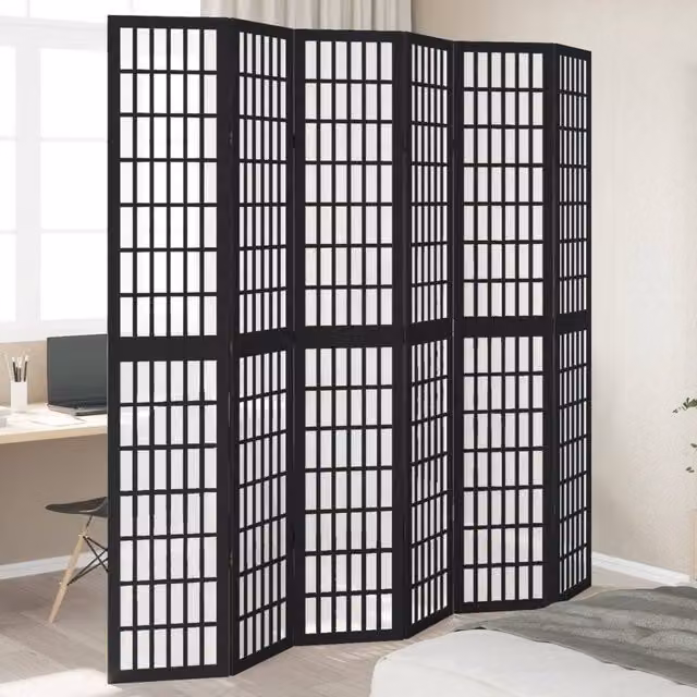 Berkfield Home 6 Panel Black Solid Paulownia Wood Room Divider