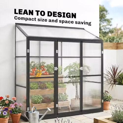 Outsunny Black Polycarbonate Lean-to Pent Greenhouse with 3 Hinged Doors and Top Vent, W/D/H: 182.88 x 45.72 x 180 cm – 3