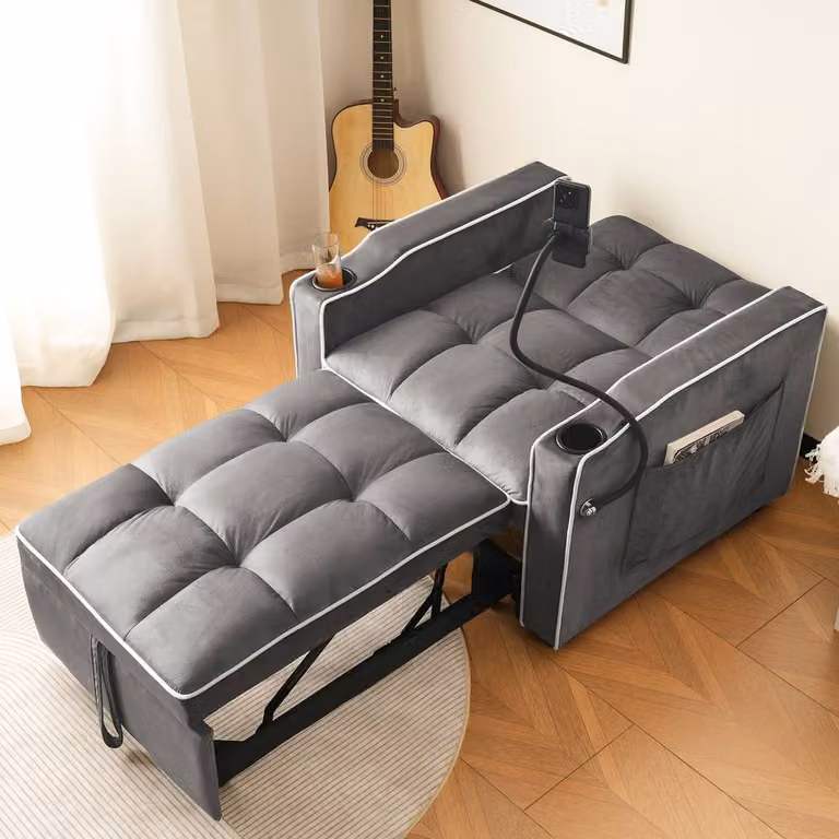 Rolipo 3-in-1 Single Sofa Bed in Dark Grey Velvet with Metal Frame