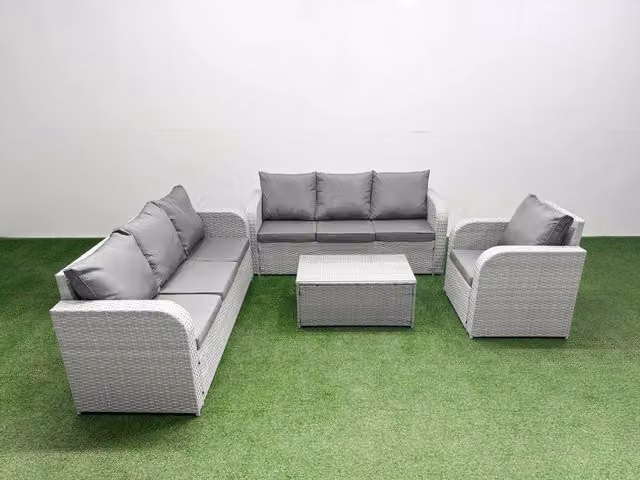 Fimous 7 Seater Poly Rattan Garden Furniture Set in Light Grey with 3 Seater Sofa, Reclining Chairs, Lounge Armchairs and Coffee Table
