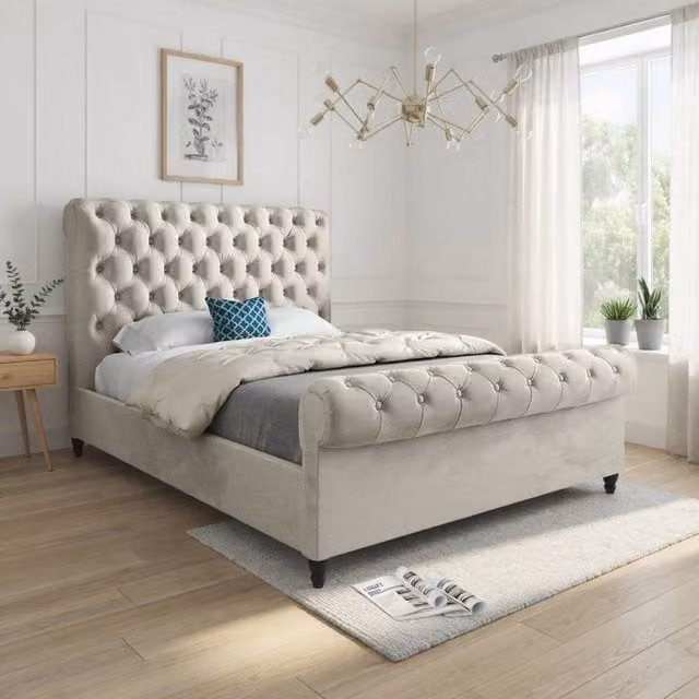 KDMD Tittleshall Sleigh Upholstered Designer Bed Frame in Beige Soft Velvet, Size: King (180 x 200 cm)