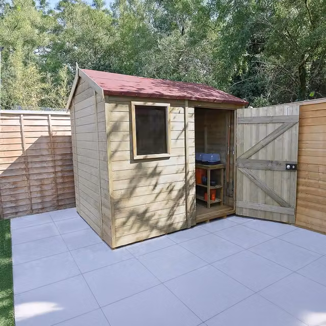 Forest Garden Timberdale T&G Pressure Treated Reverse Apex Shed in Brown, W: 365.76 cm, H: 240 cm, D: 365.76 cm