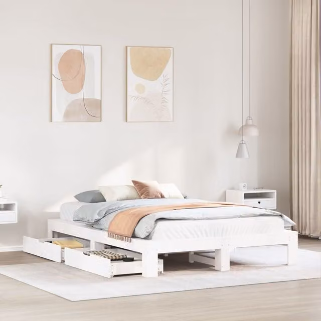 Berkfield Home White Rustic Solid Wood Pine Bed Frame with Drawers, W/D/H: 150 x 200 cm