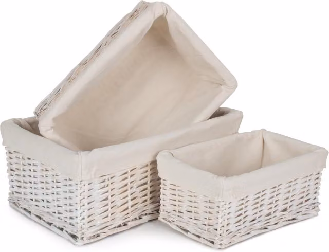 Red Hamper Set of 3 Wicker Storage Baskets with White Wash Lining