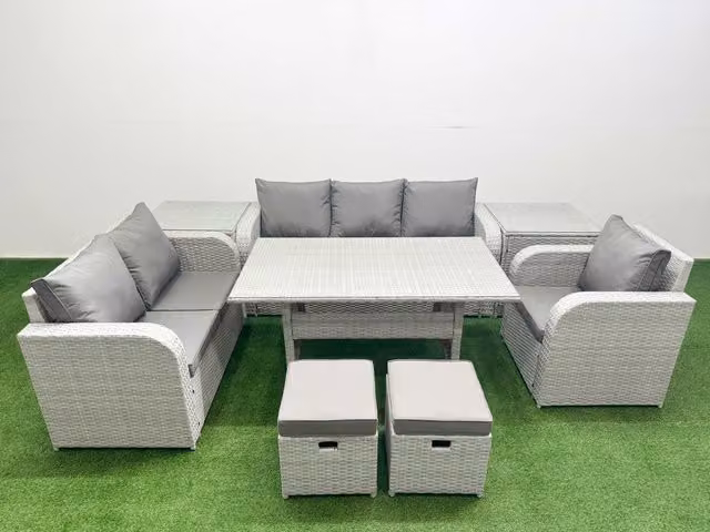 Fimous Patio 8 Seater Grey PE Wicker Rattan Outdoor Furniture Set with Rectangular Dining Table, Reclining Chairs, Loveseat, 3 Seater Sofa and Stool