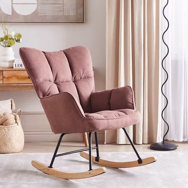 Wyld and Coco Pink Biscuit Tufted Rocking Armchair with Woven Fabric and Solid Wood Frame