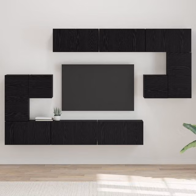 Berkfield Home 10-Piece Modern TV Cabinet Set with Wall-Mounted Shelves and Lowboard in Black Oak, W/D/H: 180 x 30 x 90.5 cm – 1