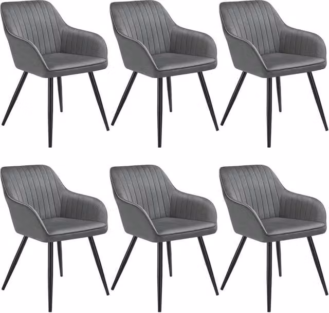 tectake Marilyn Set of 6 Modern Velvet Dining Chairs in Grey and Black – 1