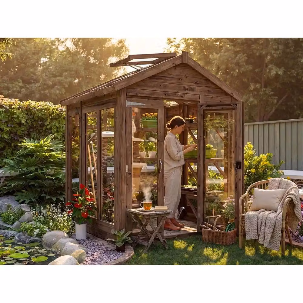 Dunster House Growzilla Wooden Greenhouse with Auto Vent in Brown, W: 1.8 m, D: 1.8 m – 2