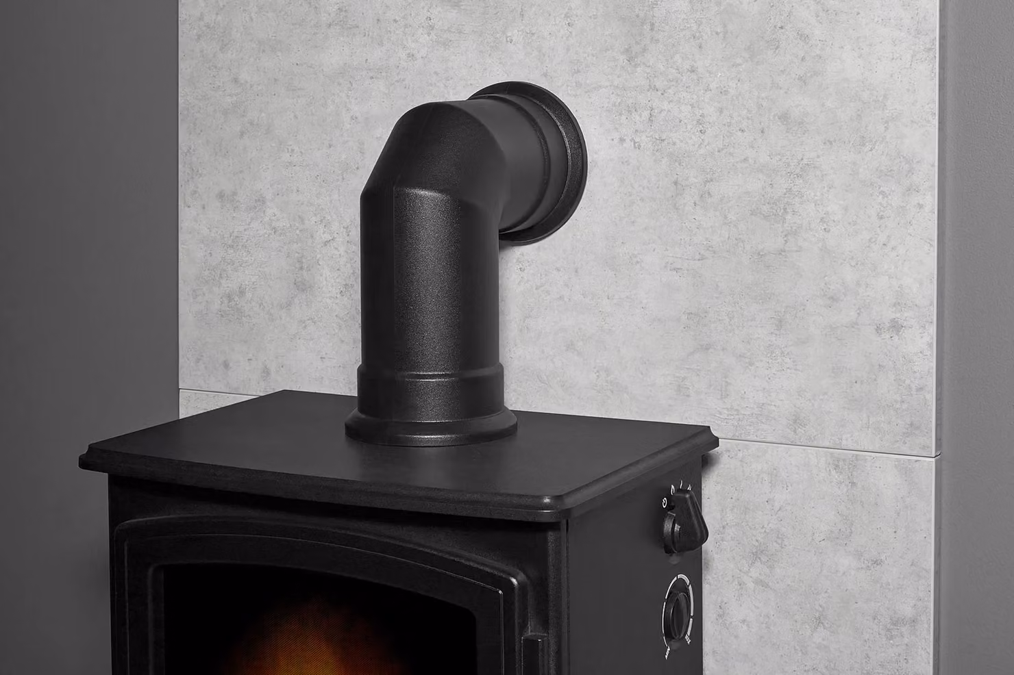 Acantha Fires & Fireplaces Aviemore Electric Stove and Tile & Hearth Set in Black with Concrete Effect and Angled Pipe – 3