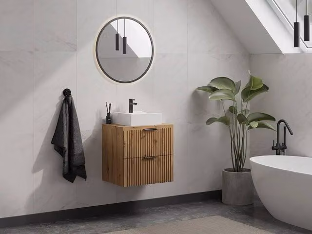 Vente-unique Striped Wall-Mounted Bathroom Vanity Unit with Square Countertop Basin in Light Oak, W: 60 cm, D: 46 cm, H: 57 cm – 1