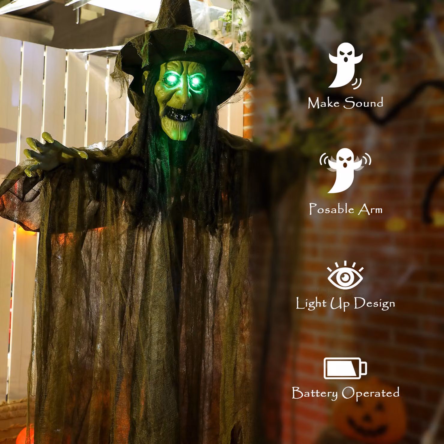 Outsunny Life Size Hanging Animated Halloween Witch with Glowing LED Eyes, Multicolour Indoor Party Prop, Height: 170 cm – 3