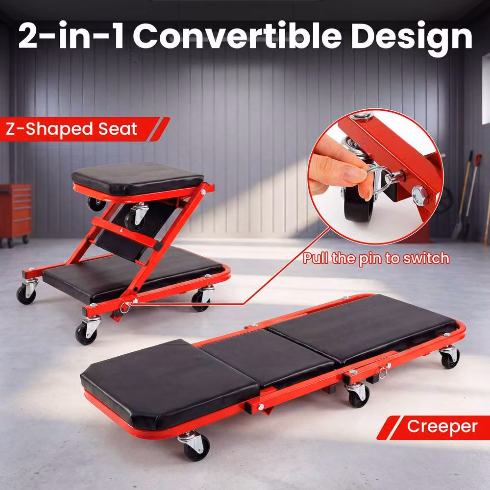 Costway 2-in-1 Rolling Folding Creeper Seat and Garage Chair, Red, 101.6 cm – 3