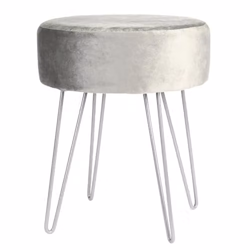 Harbour Housewares Round Velvet Footstool in Grey with Silver Legs, H41 x D45 cm