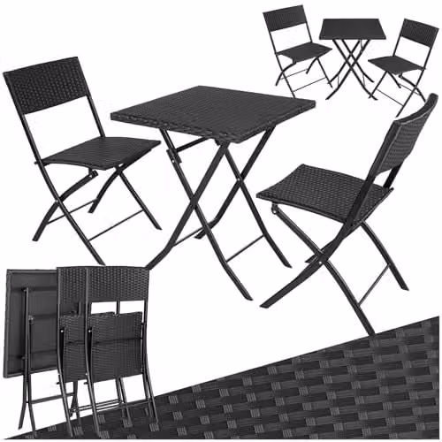 tectake 3 Piece Bistro Set with Foldable Poly Rattan Chairs and Table in Black