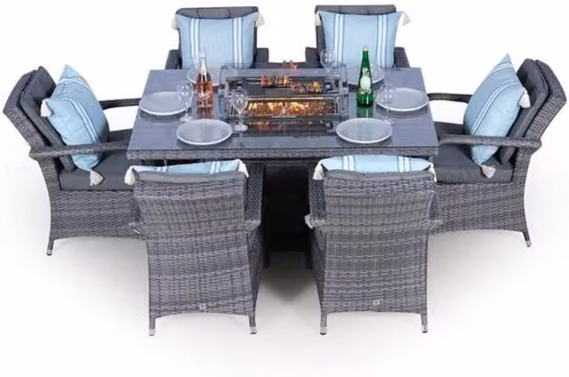 Thats Furniture Arizona 6 Seater Rectangle Rattan Dining Set with Fire Pit in Grey