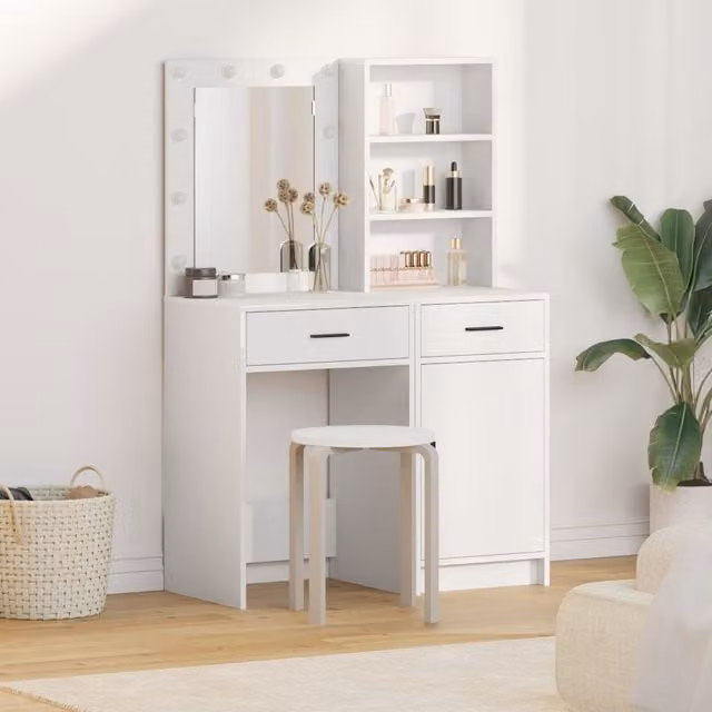 Berkfield Home 2-Piece Modern Hollywood LED Dressing Table Set in White Matt Engineered Wood