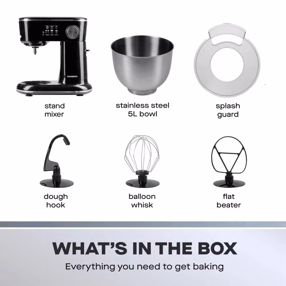 Daewoo 1000W Stand Mixer in Black with Stainless Steel Bowl and Whisk – 3