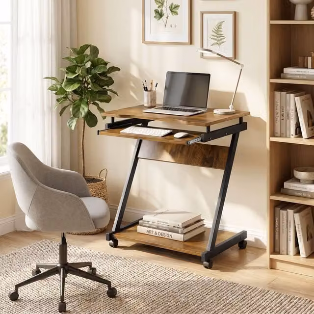 HOMCOM Modern Movable Computer Desk with Castors in Rustic Brown