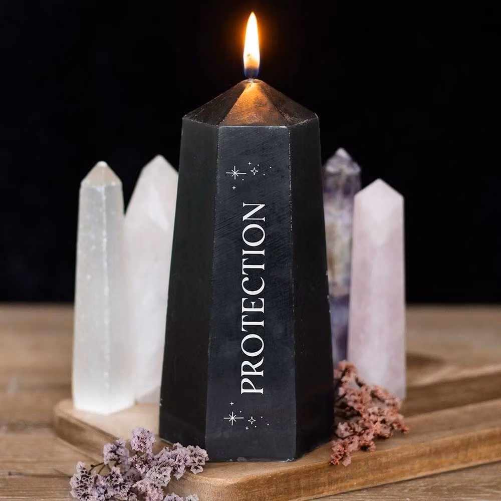 Uniqueful Protection Crystal Pillar Candle with Rough Black Obsidian, Black, H 15 cm – 2