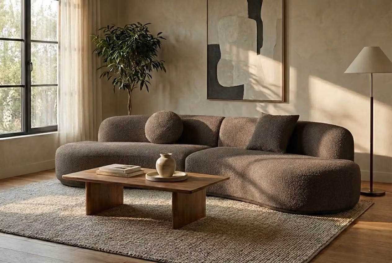 Araco Atelier Coco 4 Seater Upholstered Bouclé Sofa in Porcini Brown and Beige