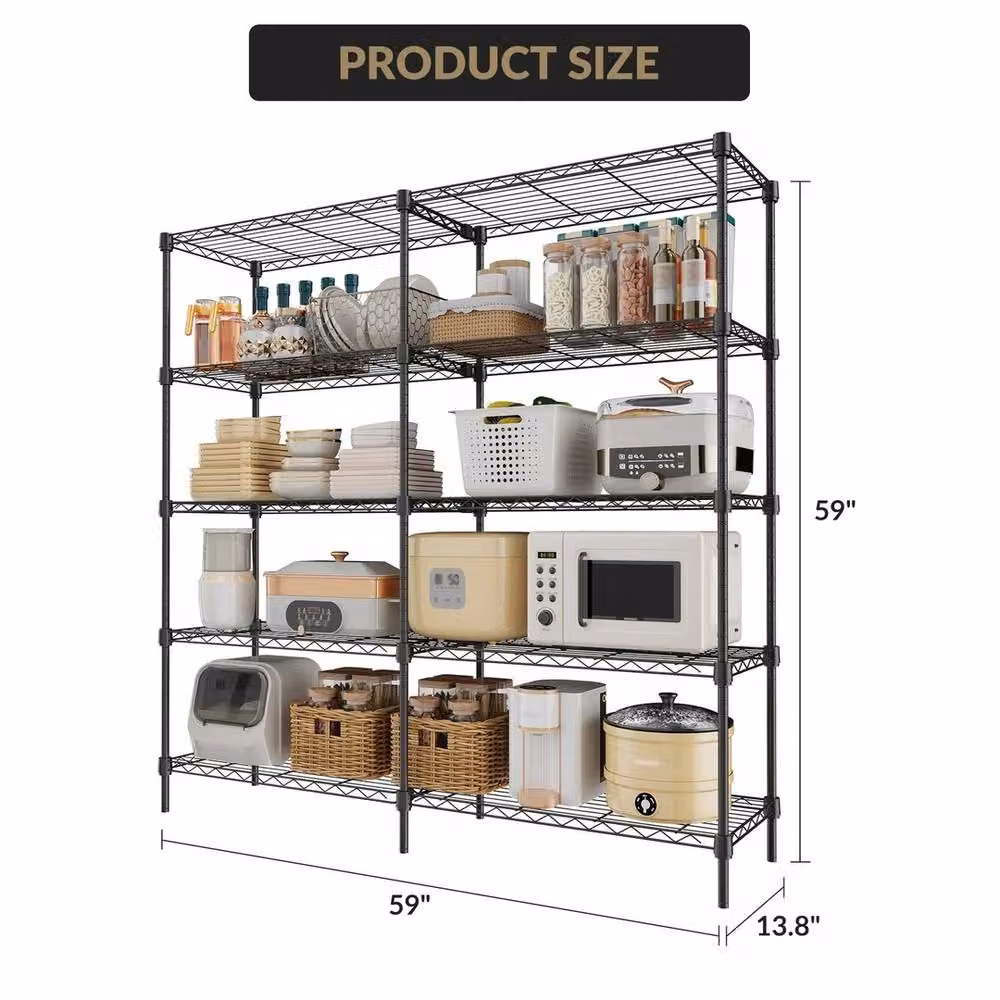 VOGREX 5-Tier Heavy Duty Metal Shelving Unit in Matt Black with Adjustable Shelves – 5