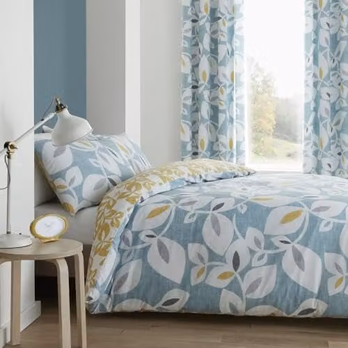 Catherine Lansfield Inga Leaf Reversible Single Duvet Cover and Pillowcase Set in Green and Grey, W/D/H: 135 x 200 cm – 1