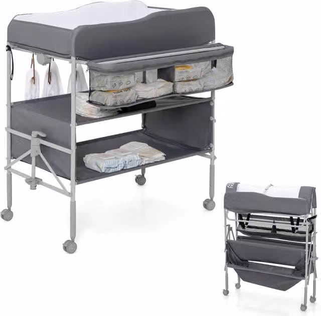Costway Portable Baby Changing Table with Changing Mat and Integrated Storage Bins in Grey