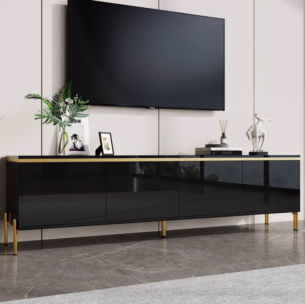 STILVORA Modern High-Gloss TV Stand with 4 Doors in Black and Gold – 3