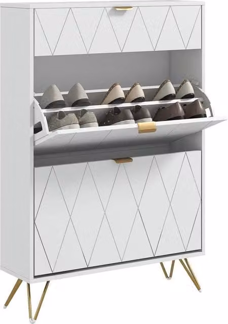 PAWNORA Slim White Shoe Storage Cabinet with Tilting Compartments and Internal Shelves