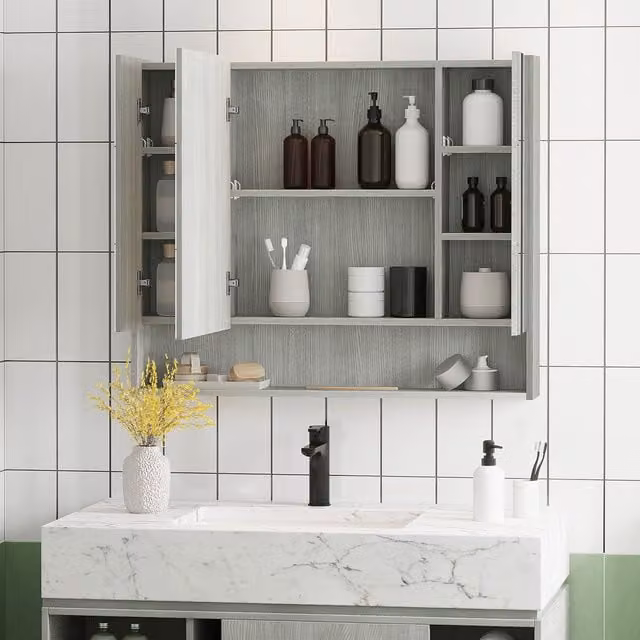 Kleankin Grey Modern Wall Mounted Bathroom Mirror Cabinet with 3 Internal Shelves and Hinged Doors