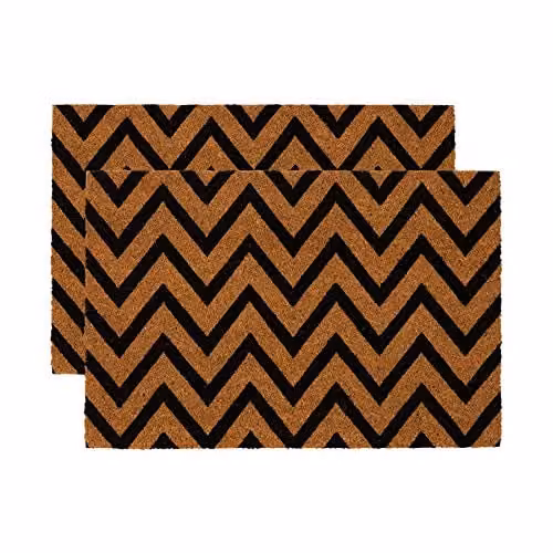 Nicola Spring Coir Door Mat Set of 2, Zig Zag Graphic Design, Brown and Multicolour, W/D: 60 x 40 cm – 1
