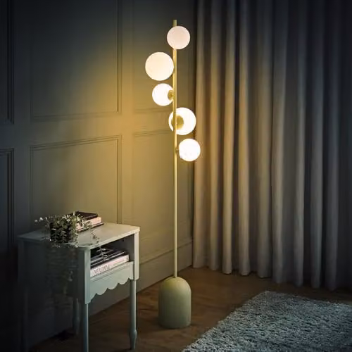 ValueLights Sage Green 5 Way Standing Floor Lamp with Glass Globe Lampshades and Included LED Bulb, H 165 cm x W 32 cm x D 32 cm – 2