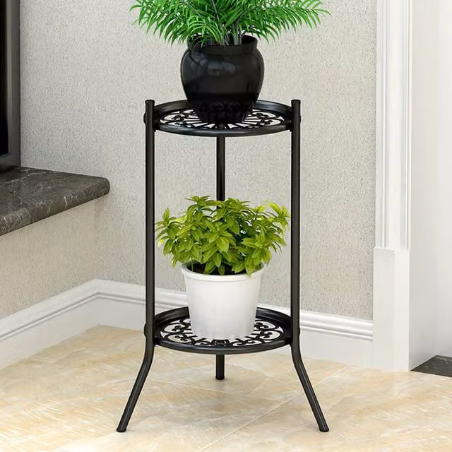 Livingandhome Vintage 2 Tier Matt Black Metal Tabletop Plant Display Stand