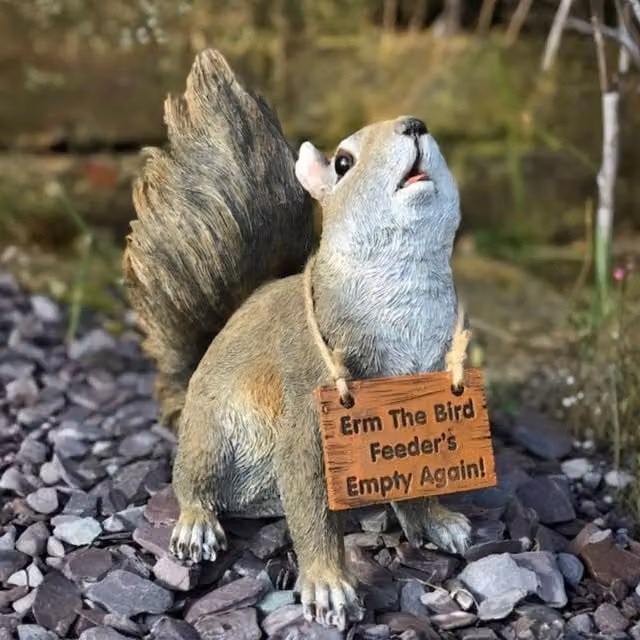Animal Crackers Brown Squirrel Garden Figurine Decoration with Bird Feeder and Empty Sign