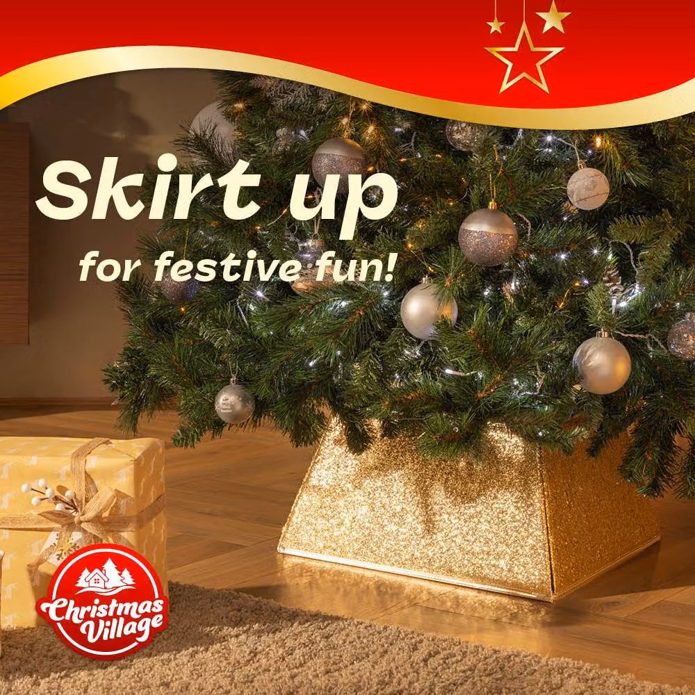 Christmas Village Gold Glitter Square Christmas Tree Skirt, W/D: 48 x 48 cm – 2