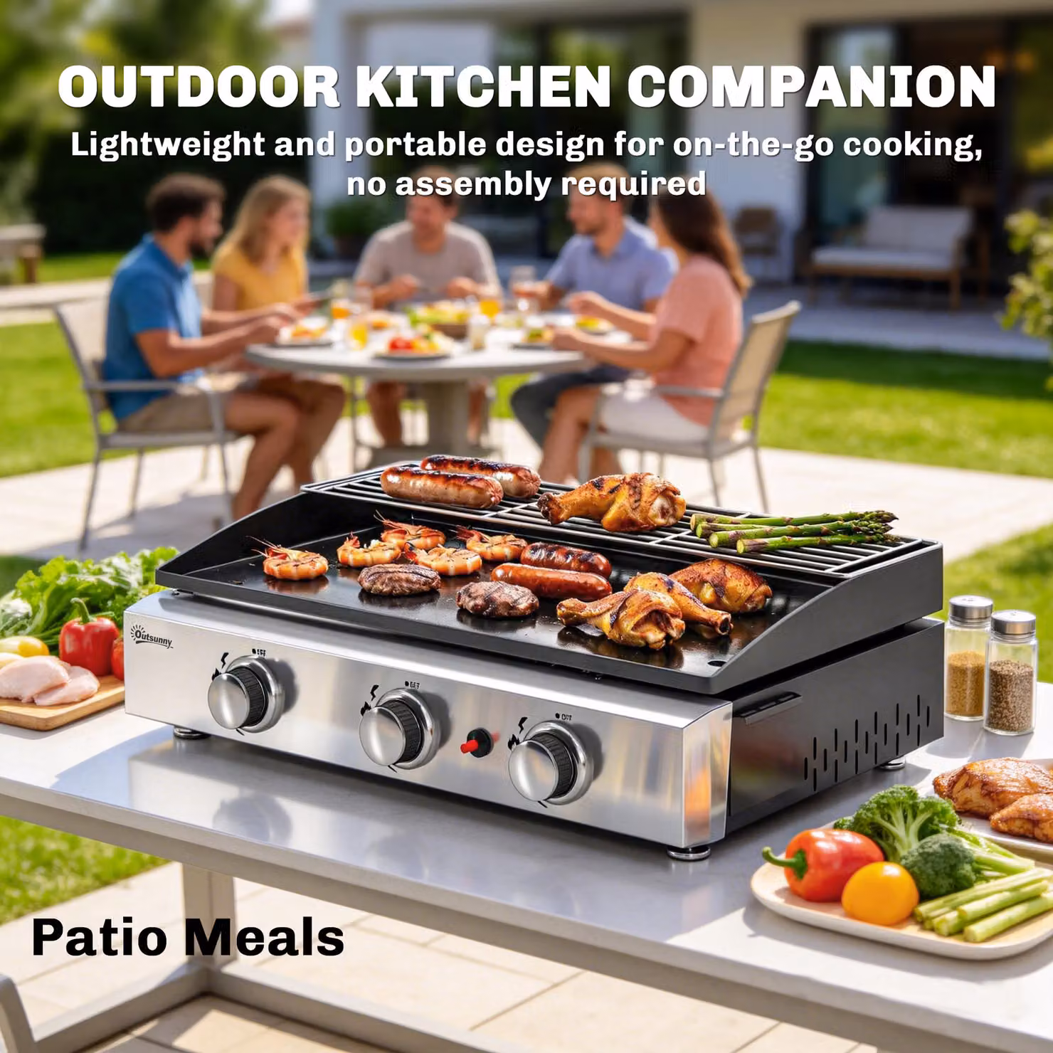 Outsunny 3 Burner Gas Plancha Tabletop Grill Griddle with Warming Rack, 7.5 kW, Black – 7