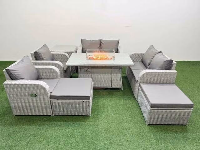 Fimous 8 Seater Rattan Garden Furniture Set in Light Grey with Firepit Dining Table, Reclining Chairs, 2 Footstools and Side Table
