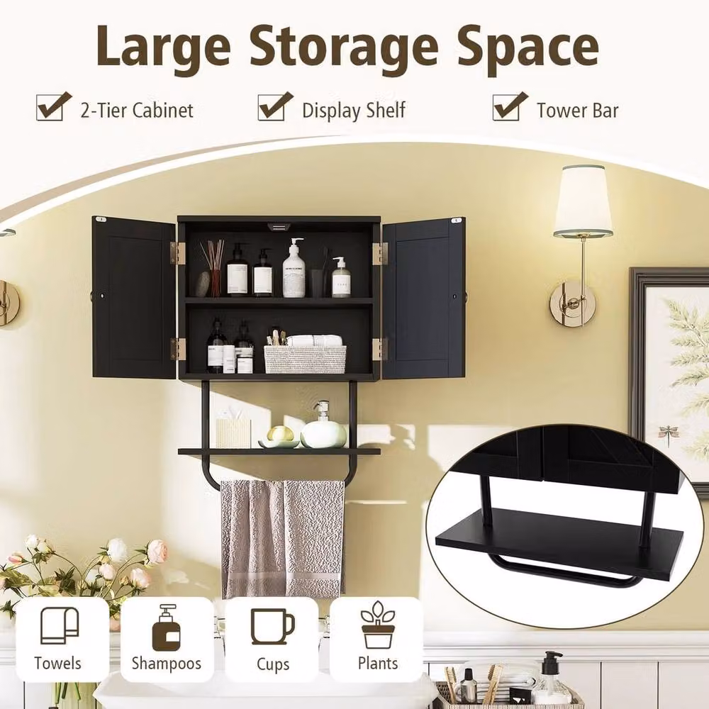 VOGREX Black Matt Wall Mounted Bathroom Medicine Cabinet with Hinged Doors and Internal Shelves – 6