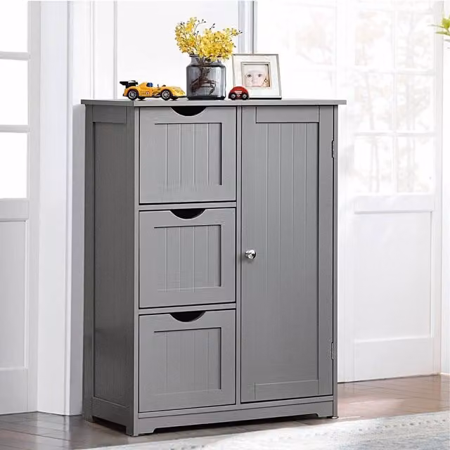 EONLION Grey Modern Freestanding Bathroom Floor Cabinet with Internal Drawers and Shelves