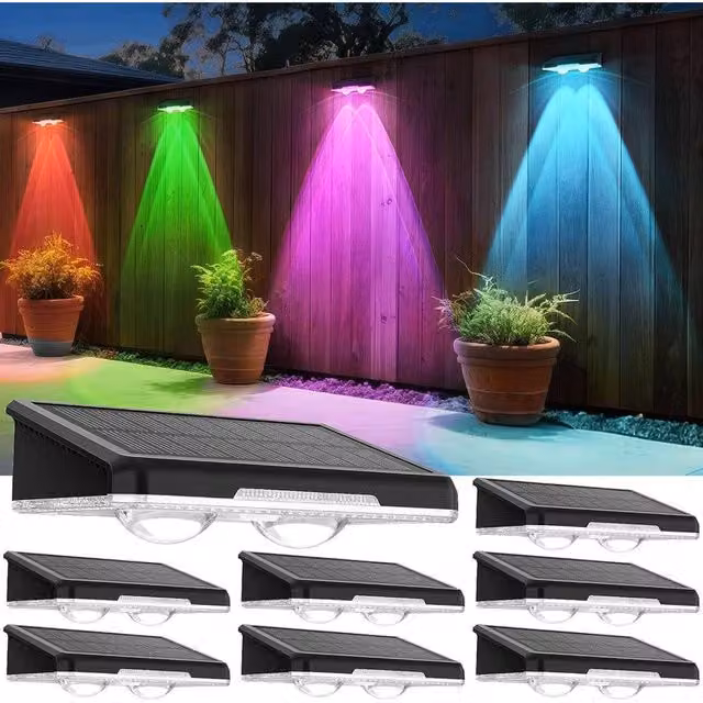 FLAVORA Set of 8 Solar Powered LED Outdoor Wall Lights in Black with Multicolour RGB Lighting