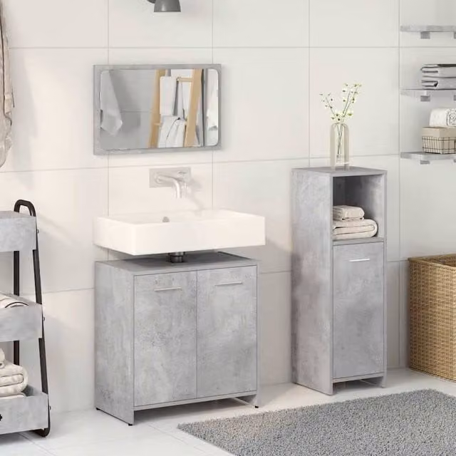 Berkfield Home Modern 3 Piece Grey Bathroom Furniture Set with Vanity Unit, Mirror Cabinet and Tall Cabinet