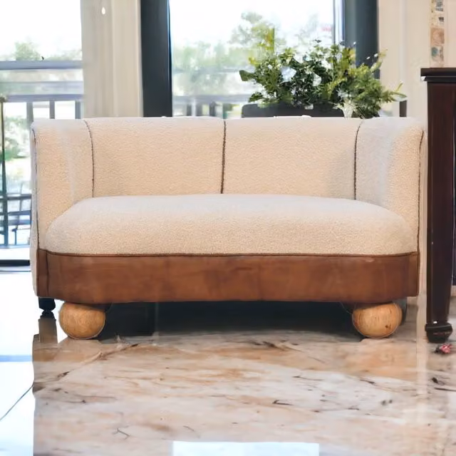 Artisan Furniture Buffalo Small Sofa in Cream Bouclé and Brown Leather with Solid Mango Wood Frame